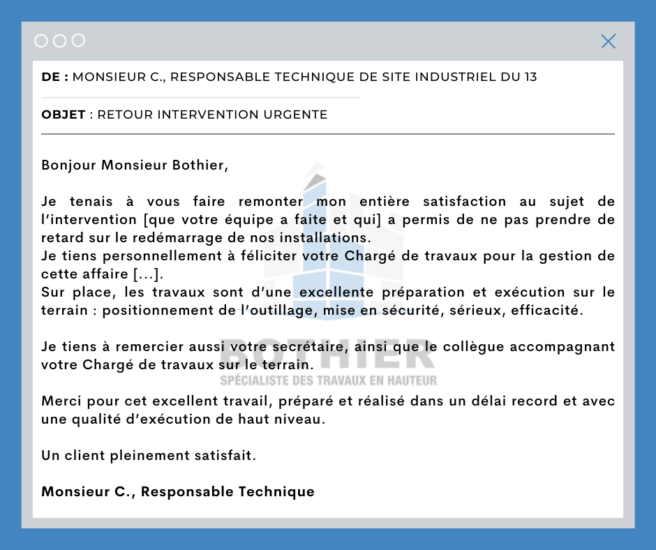 Retour élogieux de notre client après une intervention urgente sur un site industriel du 13